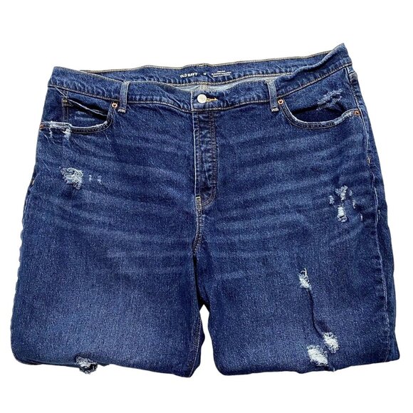 Old Navy Slouchy Straight Jeans Womens Size 18 Blue Distressed Raw Hem High Rise - Picture 1 of 6